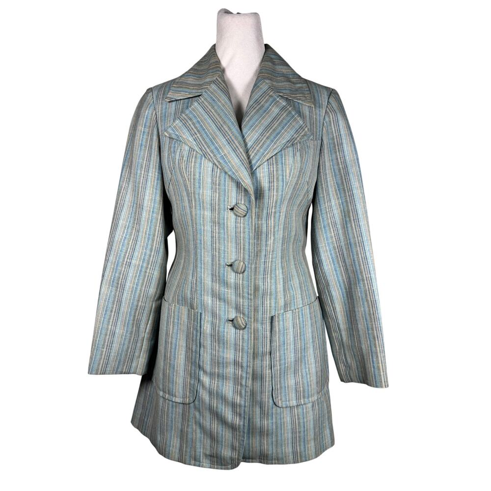 Vintage ‘70s Light Blue Striped Single Breasted Blazer w/ Large Lapels